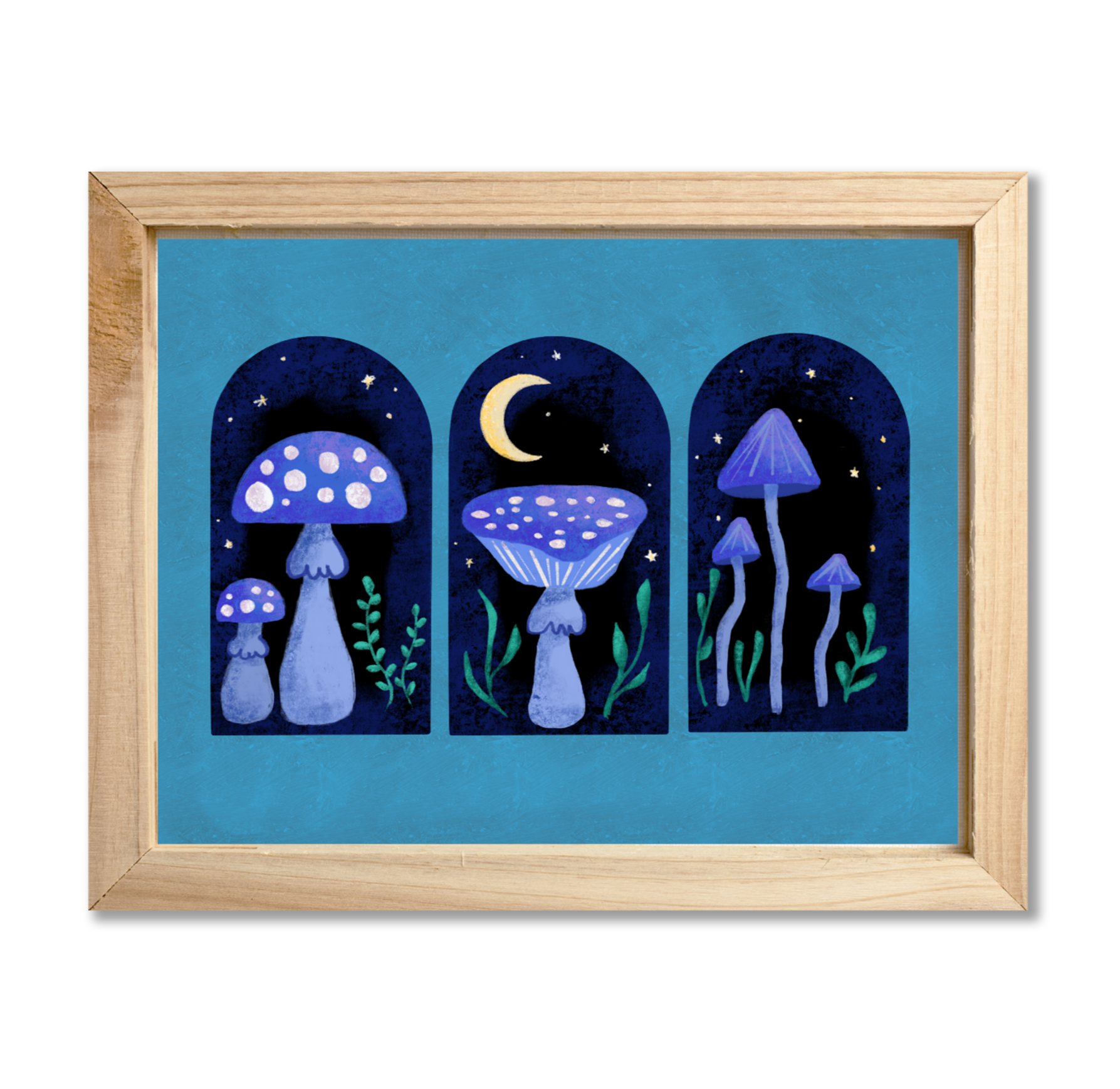 Framed artwork of mushrooms under a moonlit sky on a blue background