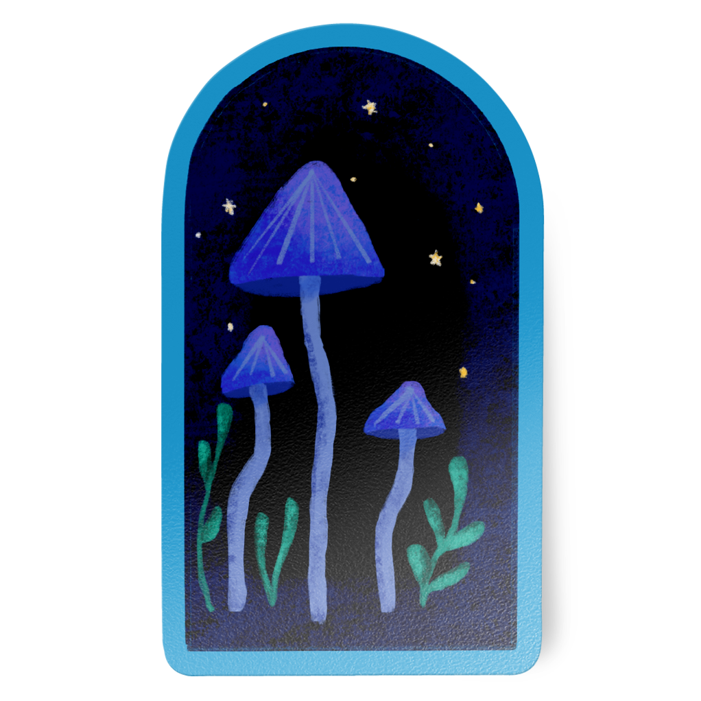 Glowing blue mushrooms with green stems and leaves on a black background with star-like dots.