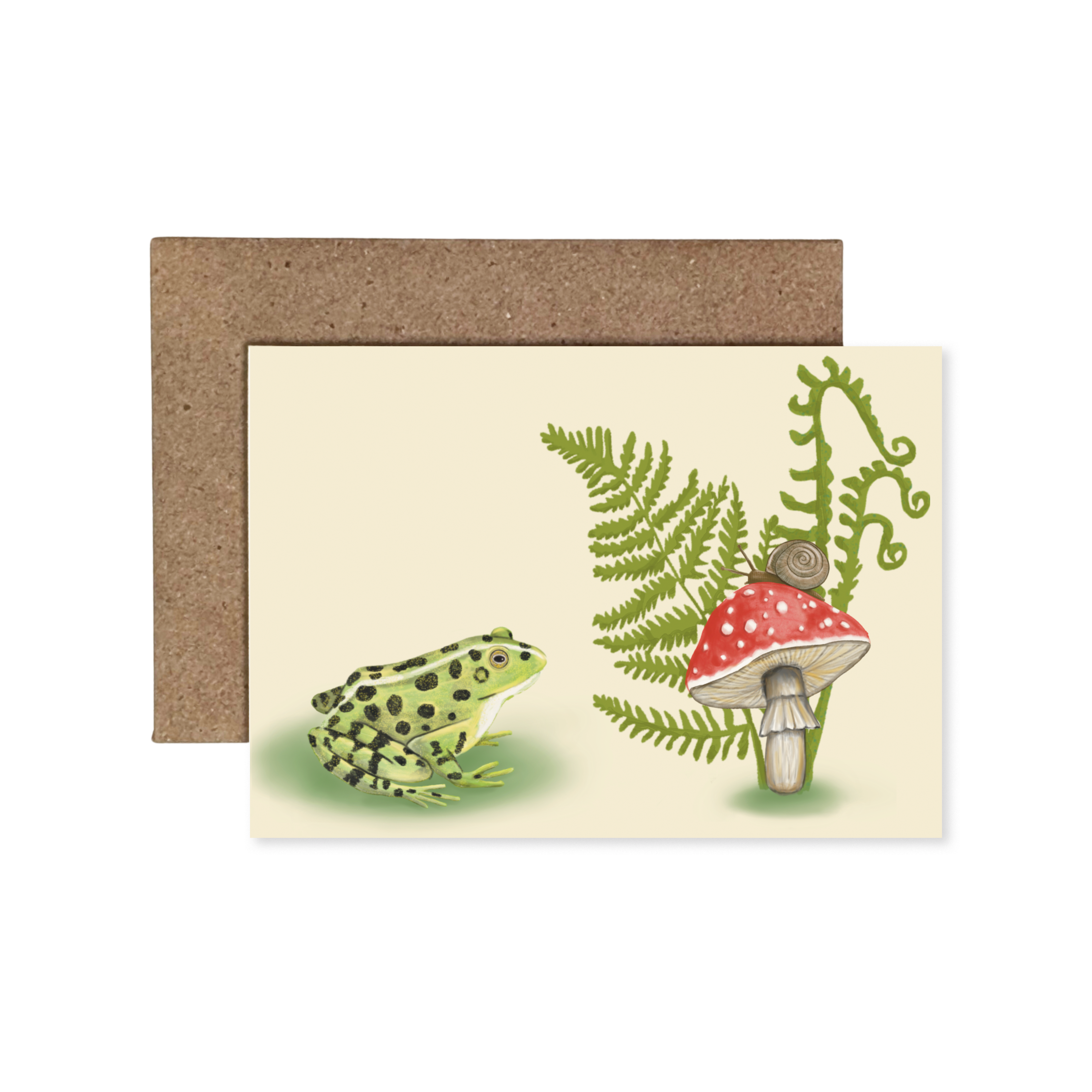 Blank enclosure notecard featuring an illustration of a green frog with a red mushroom and a snail on top by a green fern.