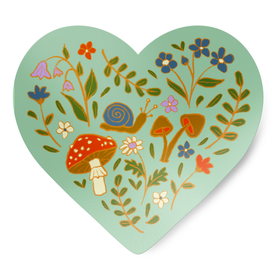 Heart filled  with doodles of mushrooms, flowers, and a snail on a mint green background