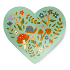 Heart filled  with doodles of mushrooms, flowers, and a snail on a mint green background