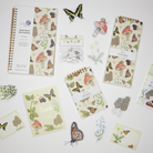 Collection of notebooks and stationery items to include cards, stickers, sticker flakes, and mini note cards with nature-themed designs on a white background.