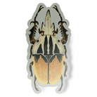 A vinyl sticker with a hand-painted illustration of an orange, yellow, black, and white beetle on a light green background