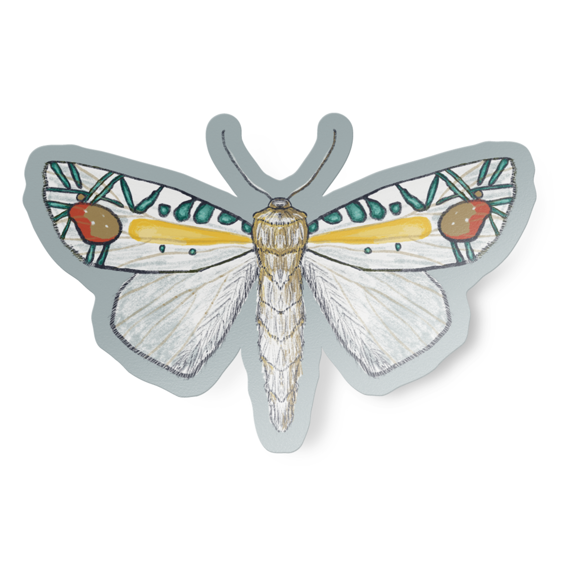 Vinyl sticker featuring a hand-drawn illustration of a colorful Picasso moth on a blueish grey background.