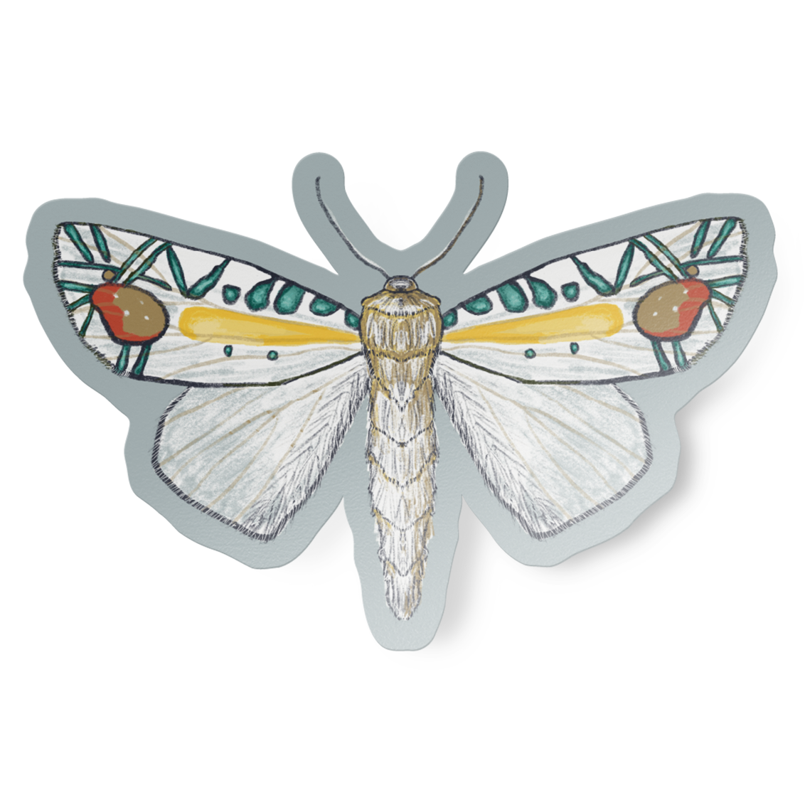 Vinyl sticker with hand-drawn illustration of a colorful Picasso moth on a grey background.