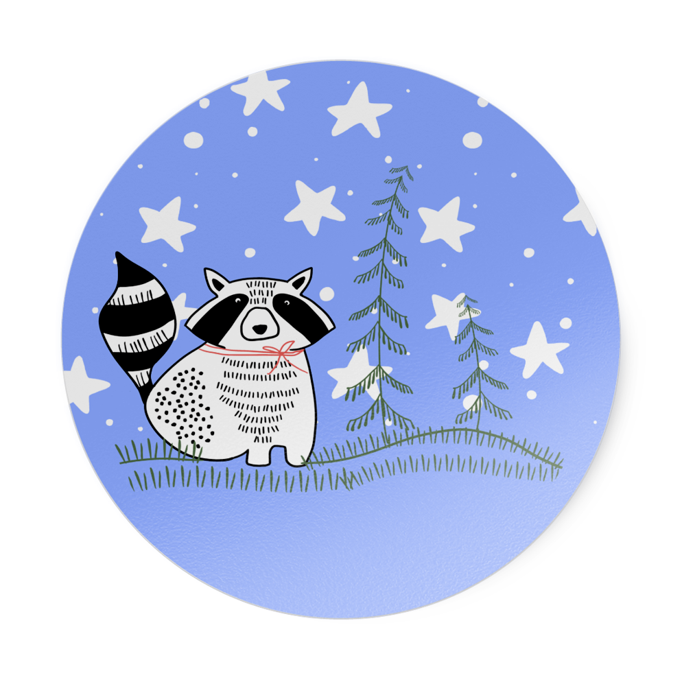 Illustration of a raccoon with a bow under a starry sky in the forest.