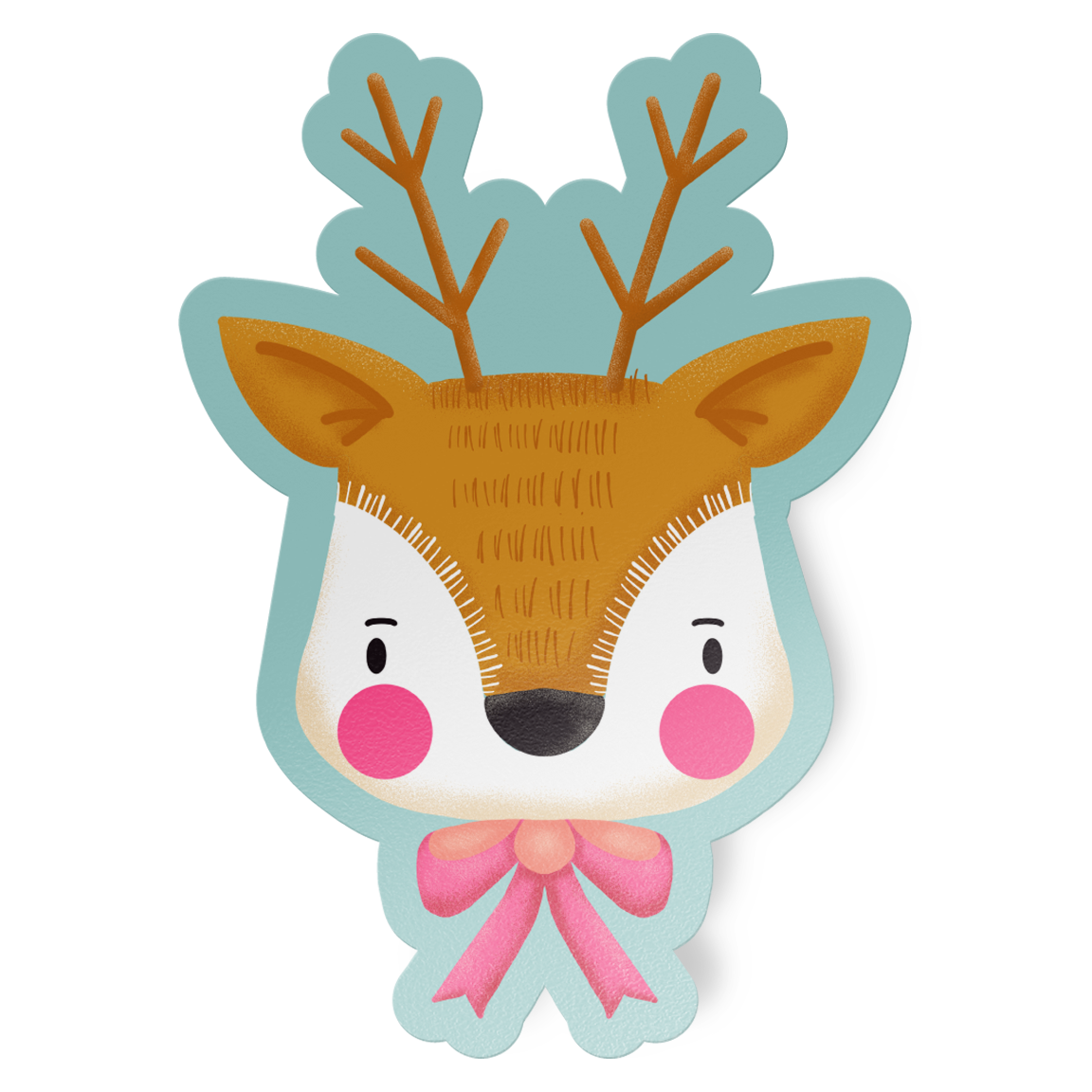 Sticker with a cute reindeer with a pink bow on a white background