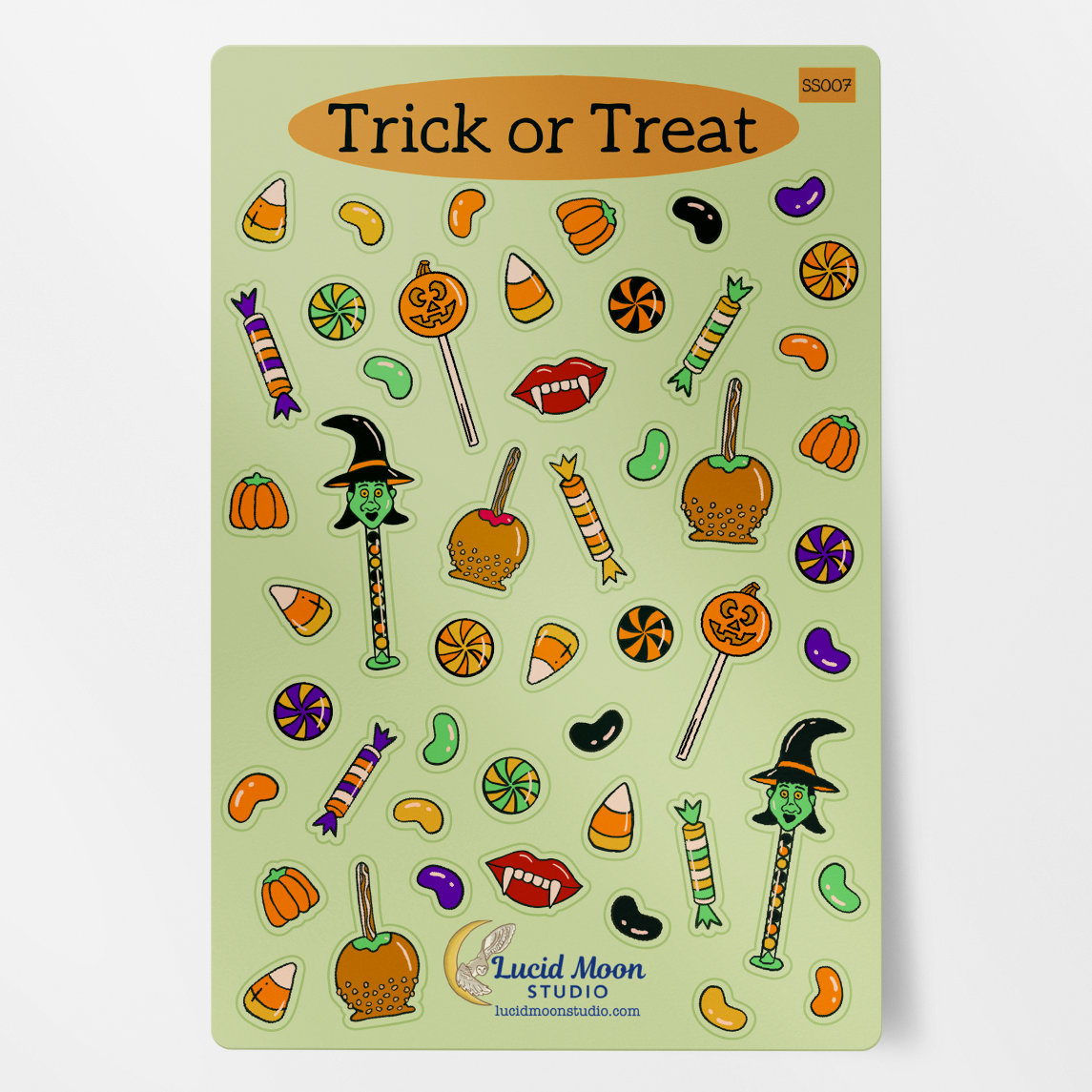 A rectangular sticker sheet featuring Halloween-themed illustrations such as candy corn, pumpkin lollipops, witch candy sticks, jelly beans, caramel apples, and wax vampire lips on a pale green background, with the words 'Trick or Treat' at the top. 