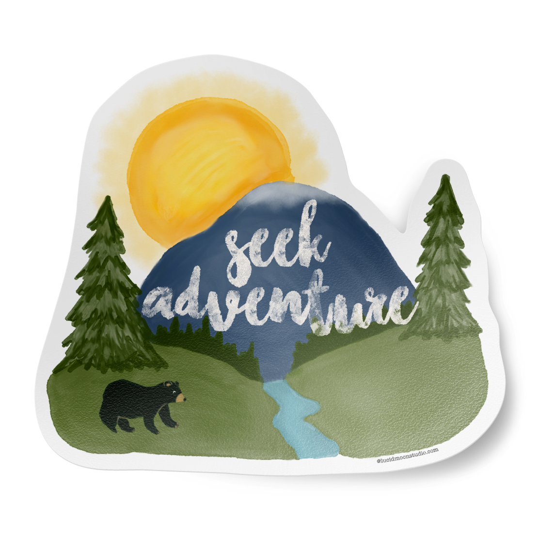 Sticker with nature design featuring mountains, trees, and a bear with 'seek adventure' text.