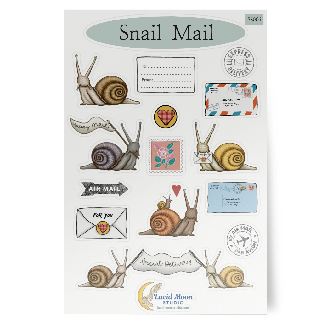 A sticker sheet with 16 stickers of hand-drawn snails, stamps, envelopes, and mail stamps.