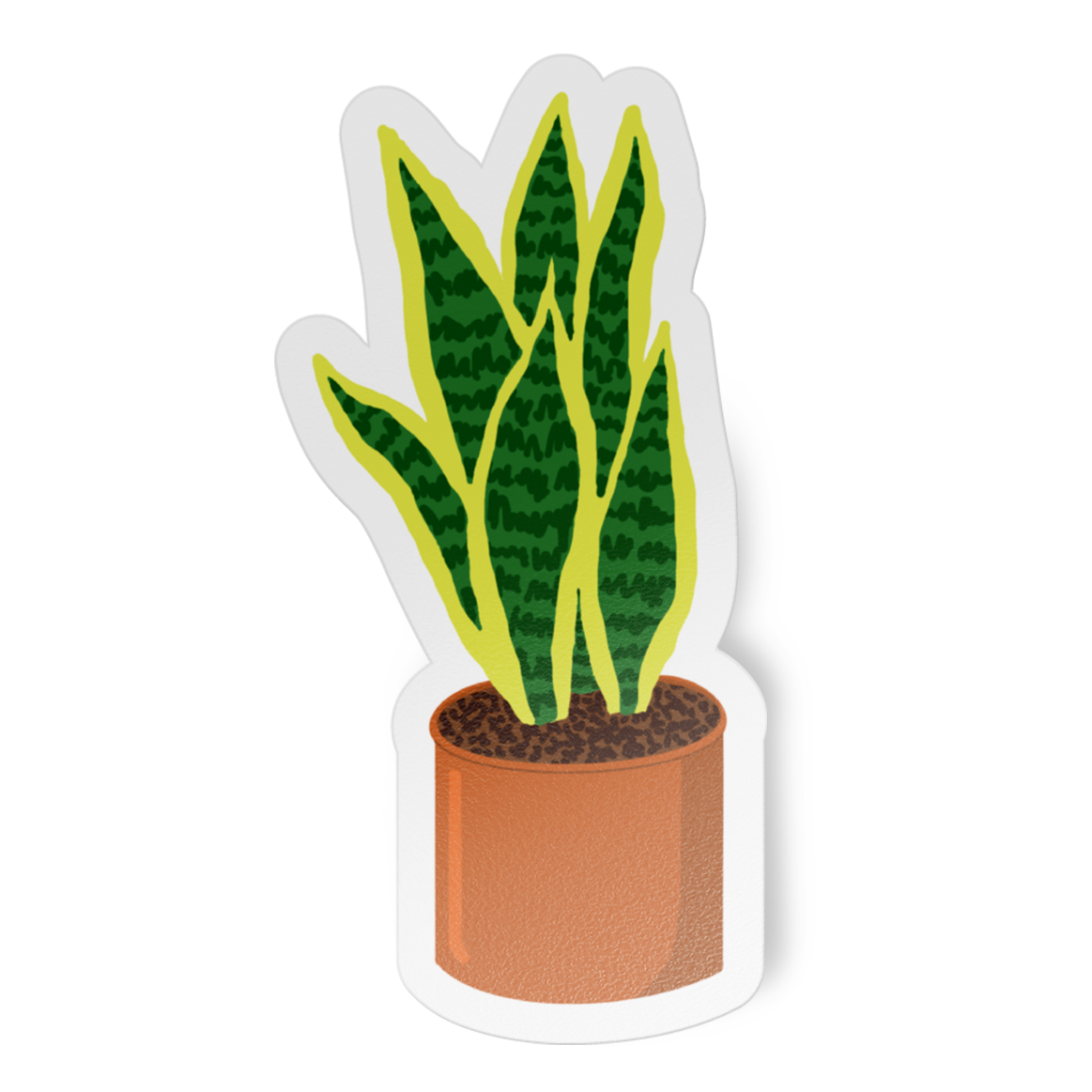 Sticker of a potted plant with green leaves in a terracotta pot on a white background