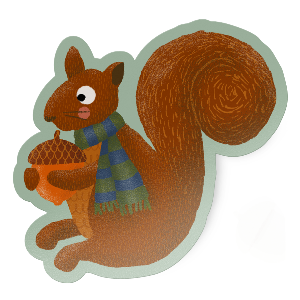 Illustration of a squirrel wearing a scarf and holding an acorn on a white background