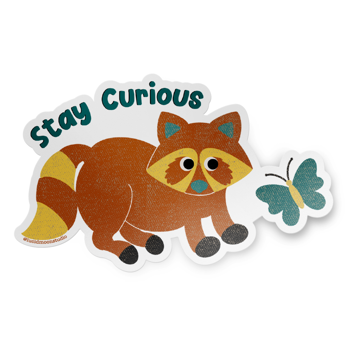 Sticker with a raccoon and butterfly and 'Stay Curious' text on a white background
