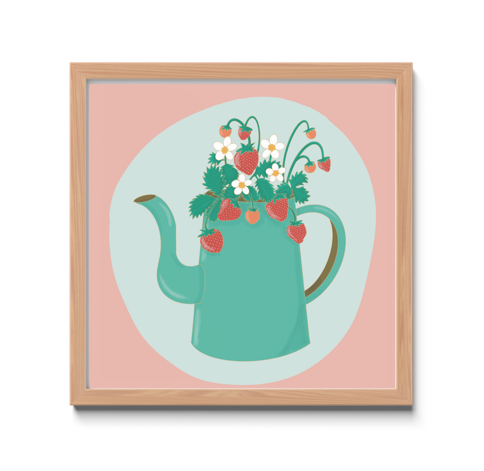 Framed artwork of a teal teapot with flowers on a pink background
