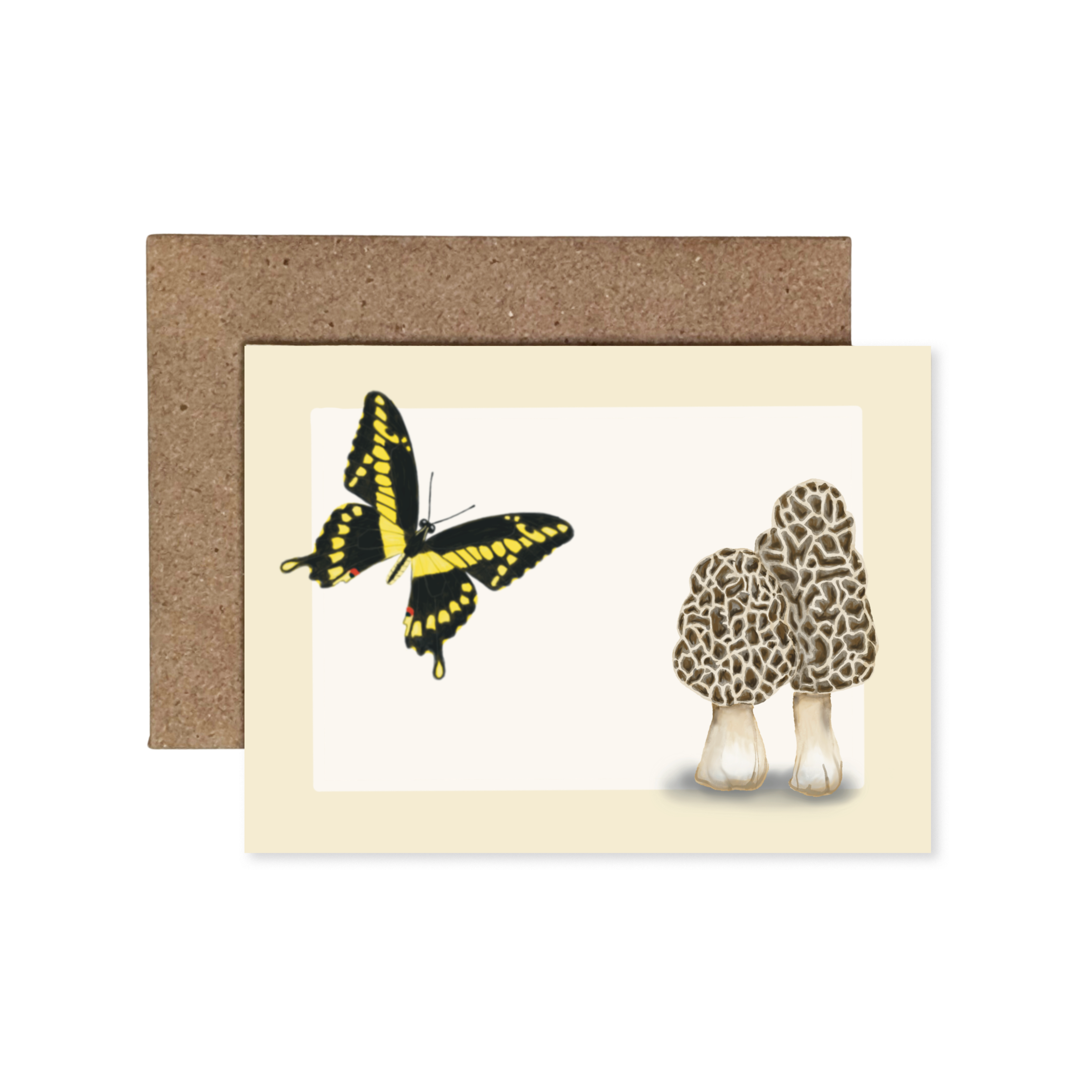 Blank enclosure notecard featuring a giant swallowtail butterfly and morel mushrooms on a white and tan background.
