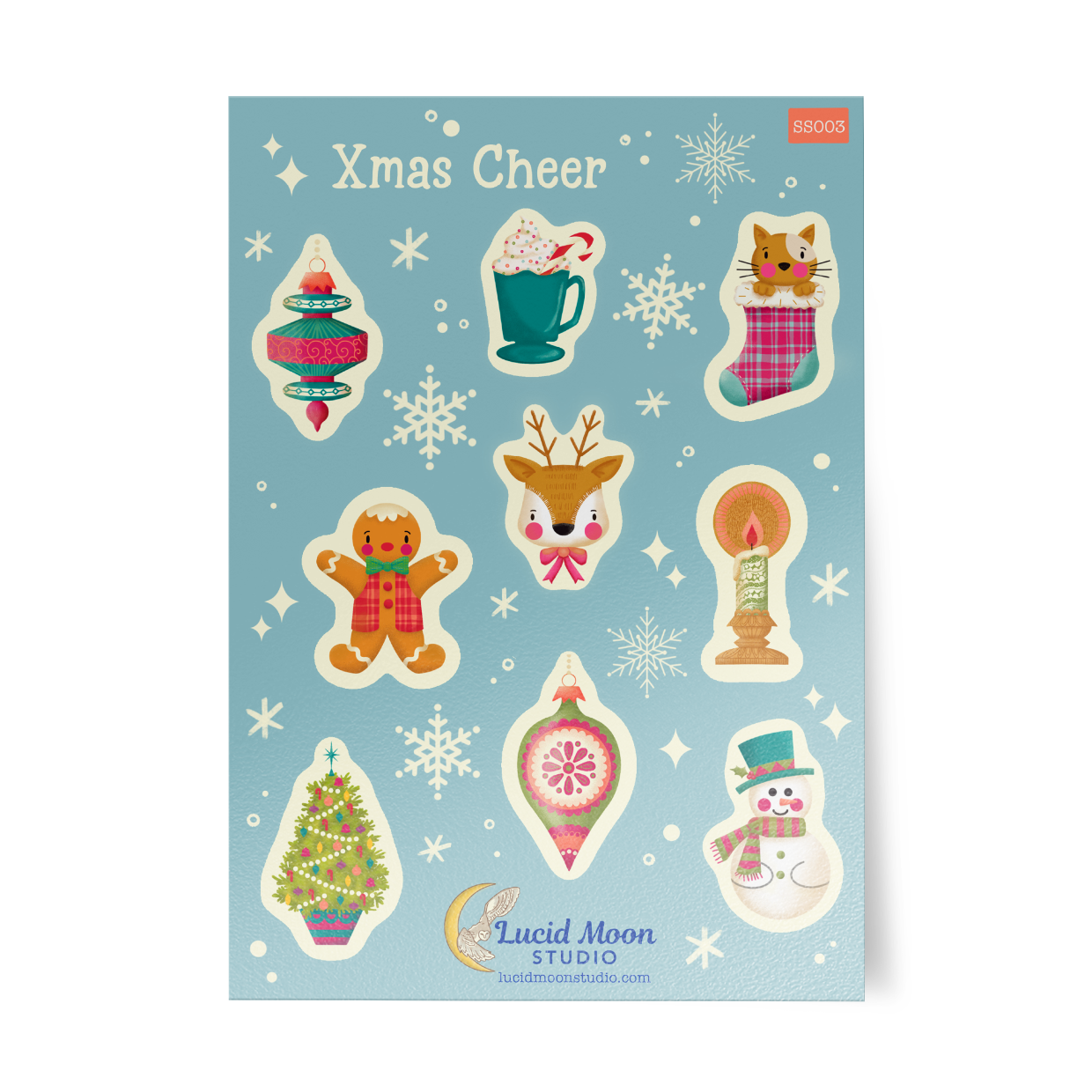 Vinyl sticker sheet of Christmas-themed stickers like gingerbread man, reindeer, snowman, and vintage ornaments with white snowflakes on a blue background.