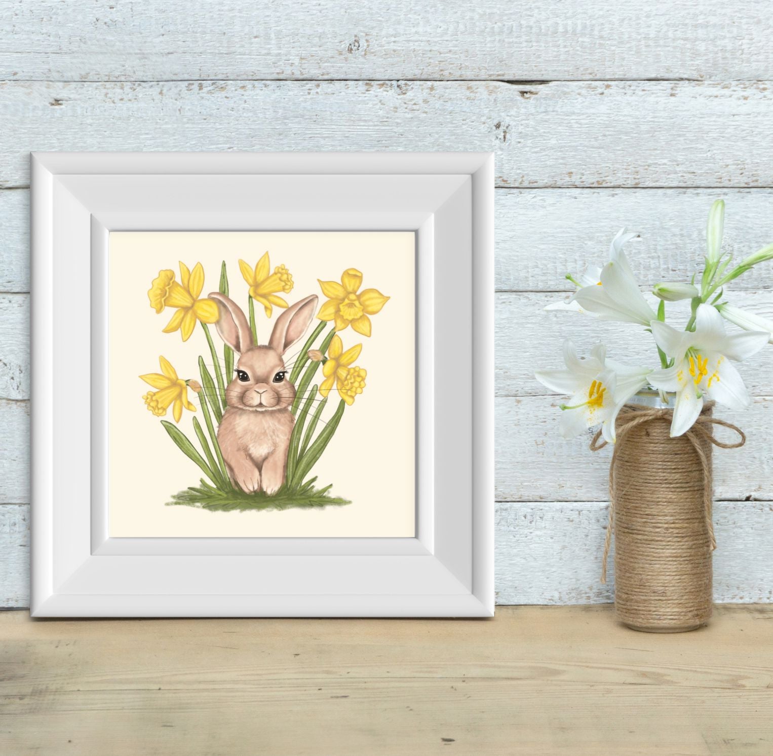 Bunny in Daffodils 8" x 8" Art Print Art Print Lucid Moon Studio 