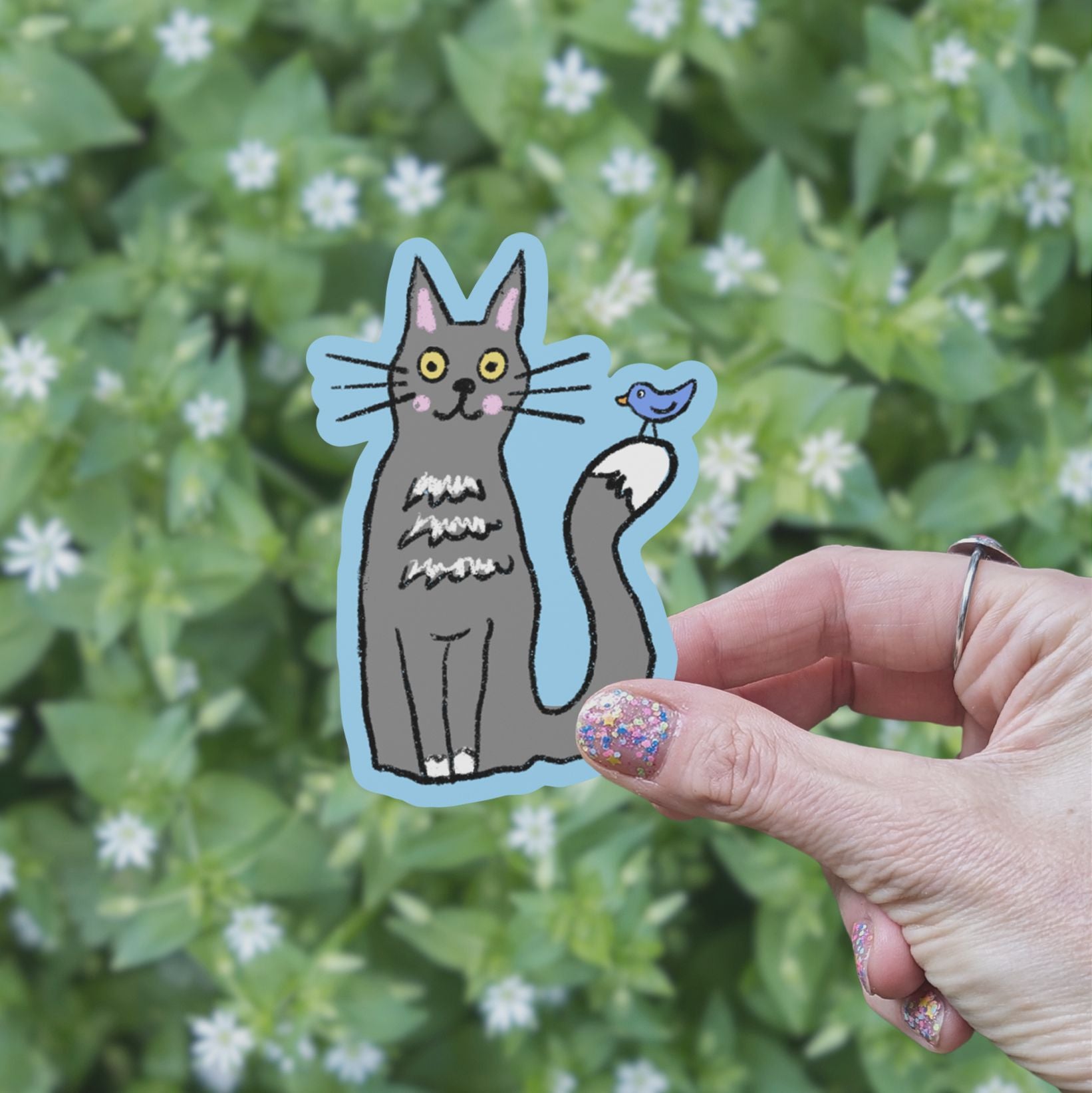 Doodle Cat & Bird Vinyl Sticker stickers Lucid Moon Studio 