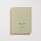 Back of greeting card with an illustration of a green and yellow fishing fly lure, Lucid Moon Studio logo, website, and card information on a light green background on top of a brown kraft envelope.