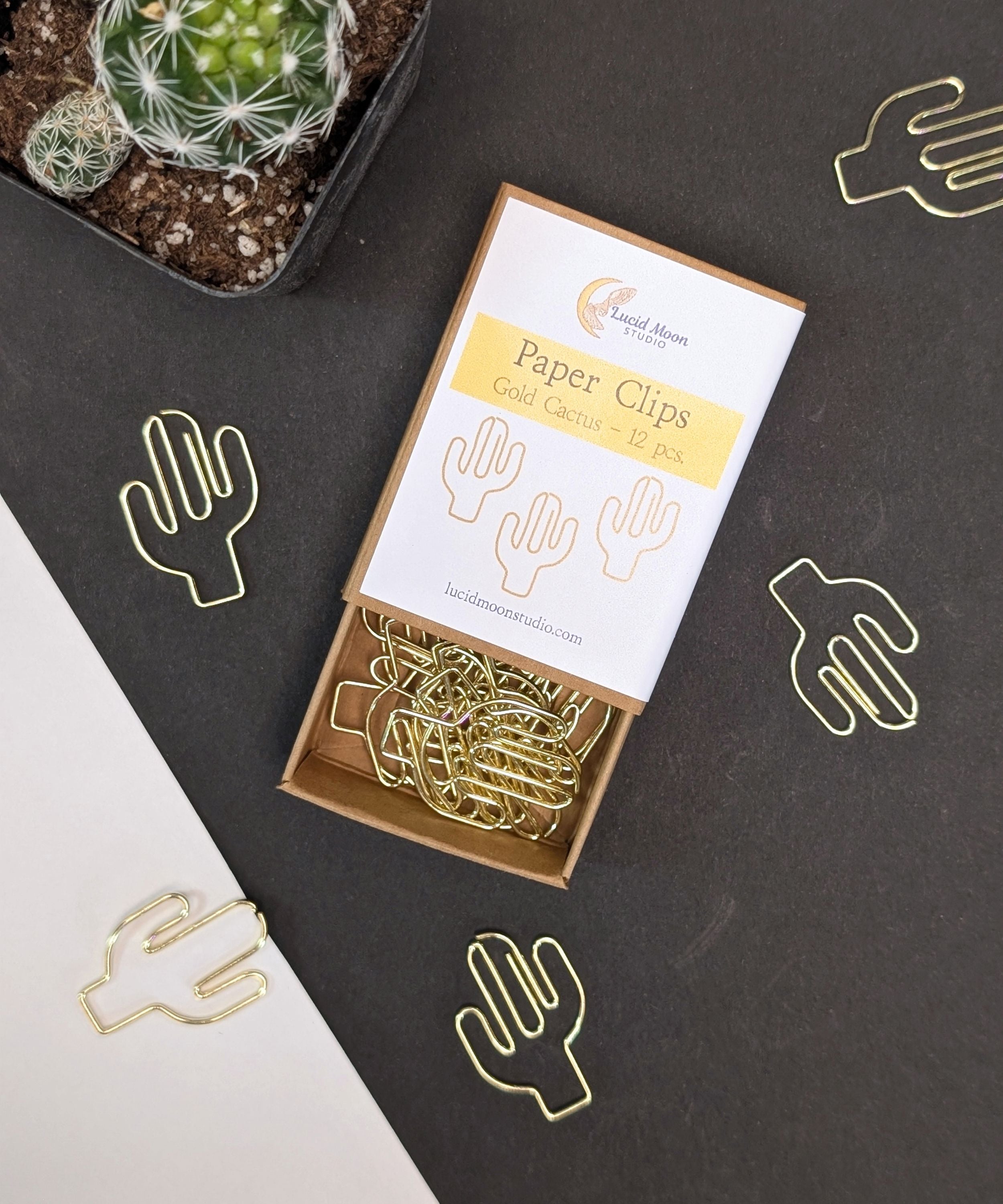 Gold Cactus Boxed Paper Clips Paper Clips Lucid Moon Studio 