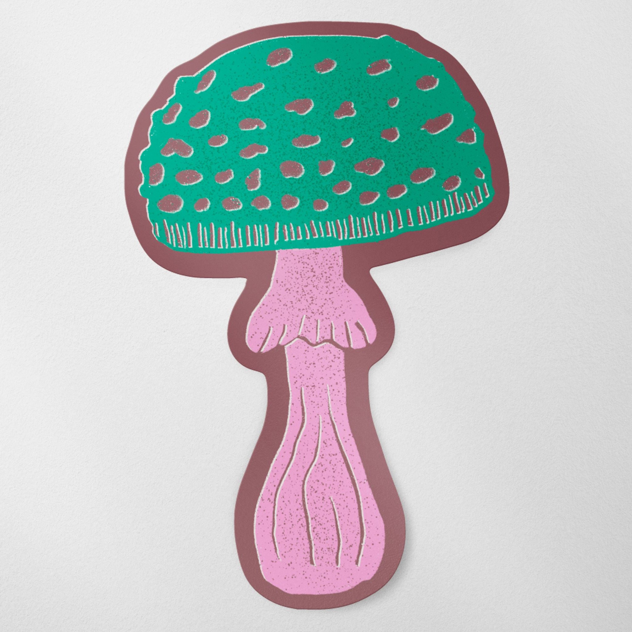 Linocut Mushroom Matte Vinyl Sticker stickers Lucid Moon Studio Green and pink mushroom maroon background 