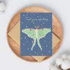 Greeting card with a Luna moth illustration and "Trust your unfolding" text on a blue background with colored stars on it.