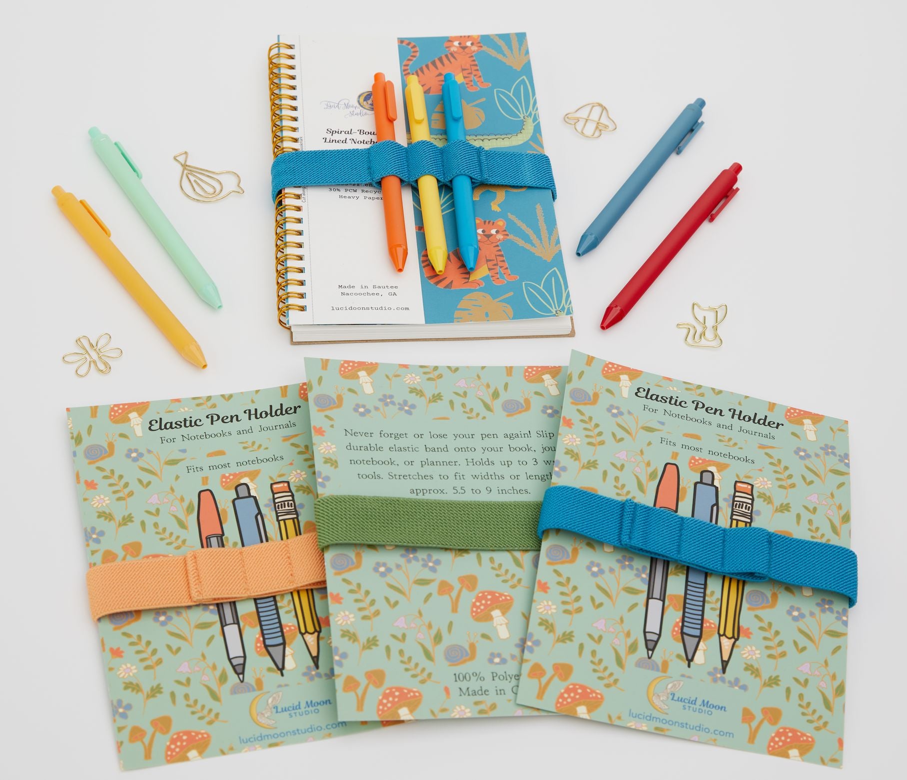 Orange Elastic Pen Holder for Notebooks (Fits up to 3 Pens) Book Pen Holder Lucid Moon Studio 