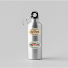 Silver water bottle with fishing-themed labels on a light gray background