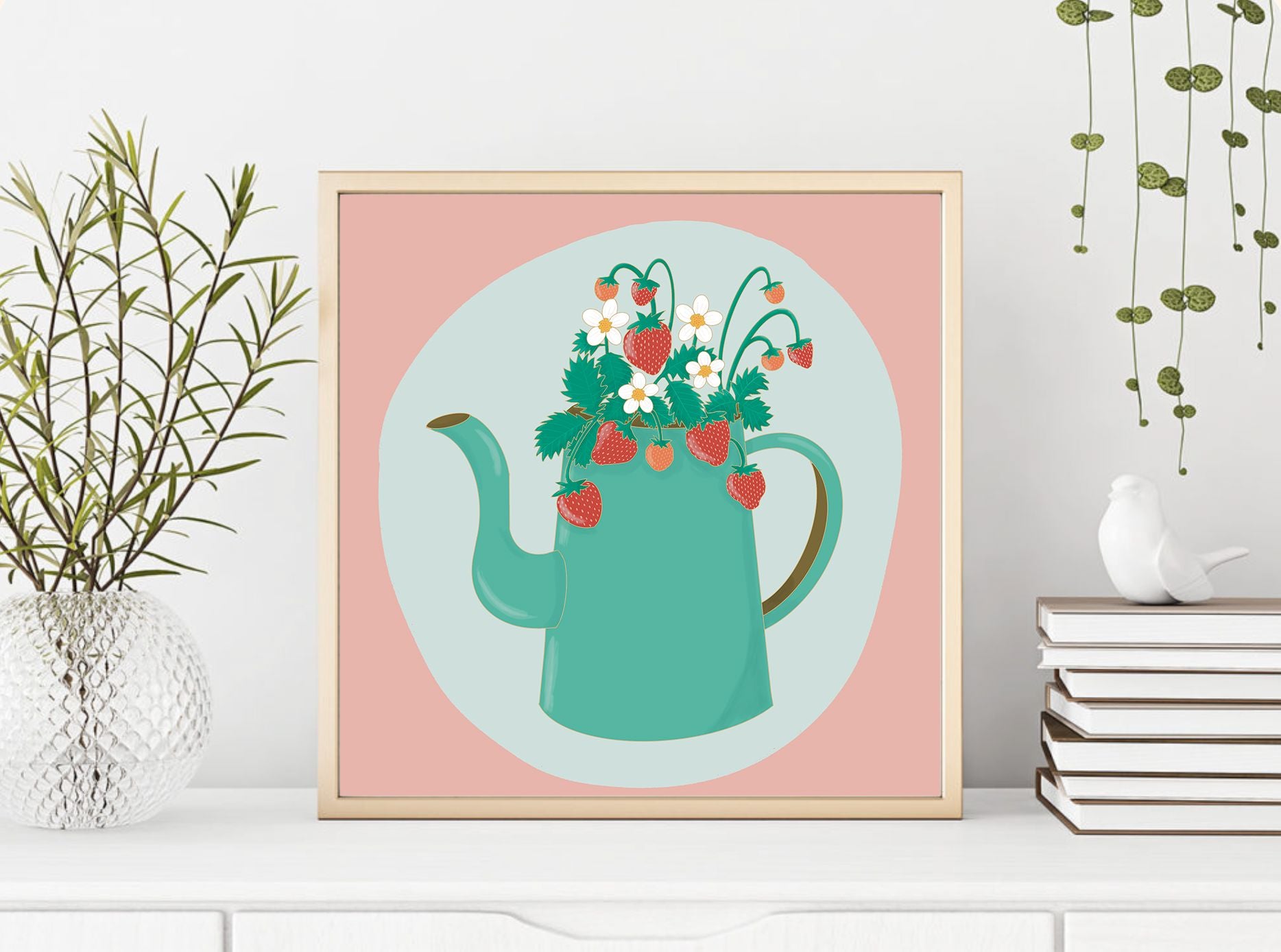 Strawberry Teapot 8" x 8" Art Print Art Print Lucid Moon Studio 