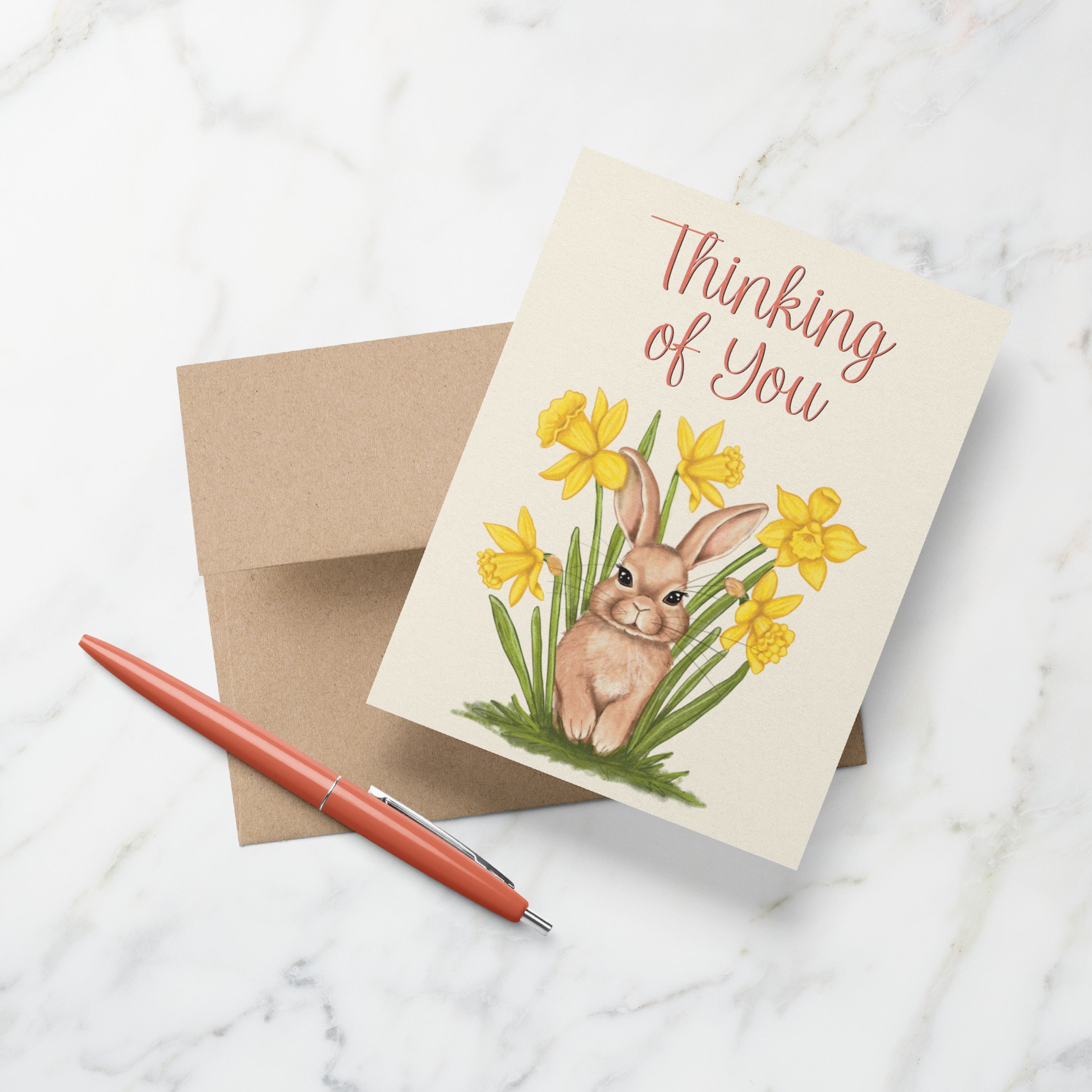 Thinking of You Bunny in Daffodils Card Greeting Cards Lucid Moon Studio 
