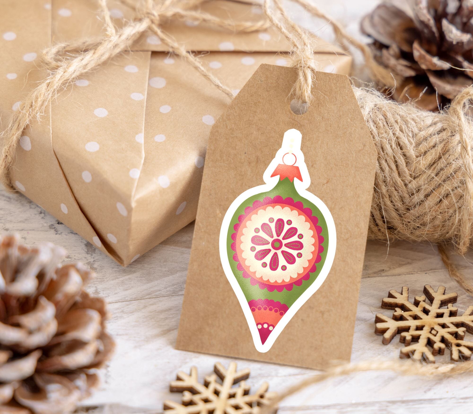 Vintage Xmas Red & Green Ornament Matte Vinyl Sticker stickers Lucid Moon Studio 