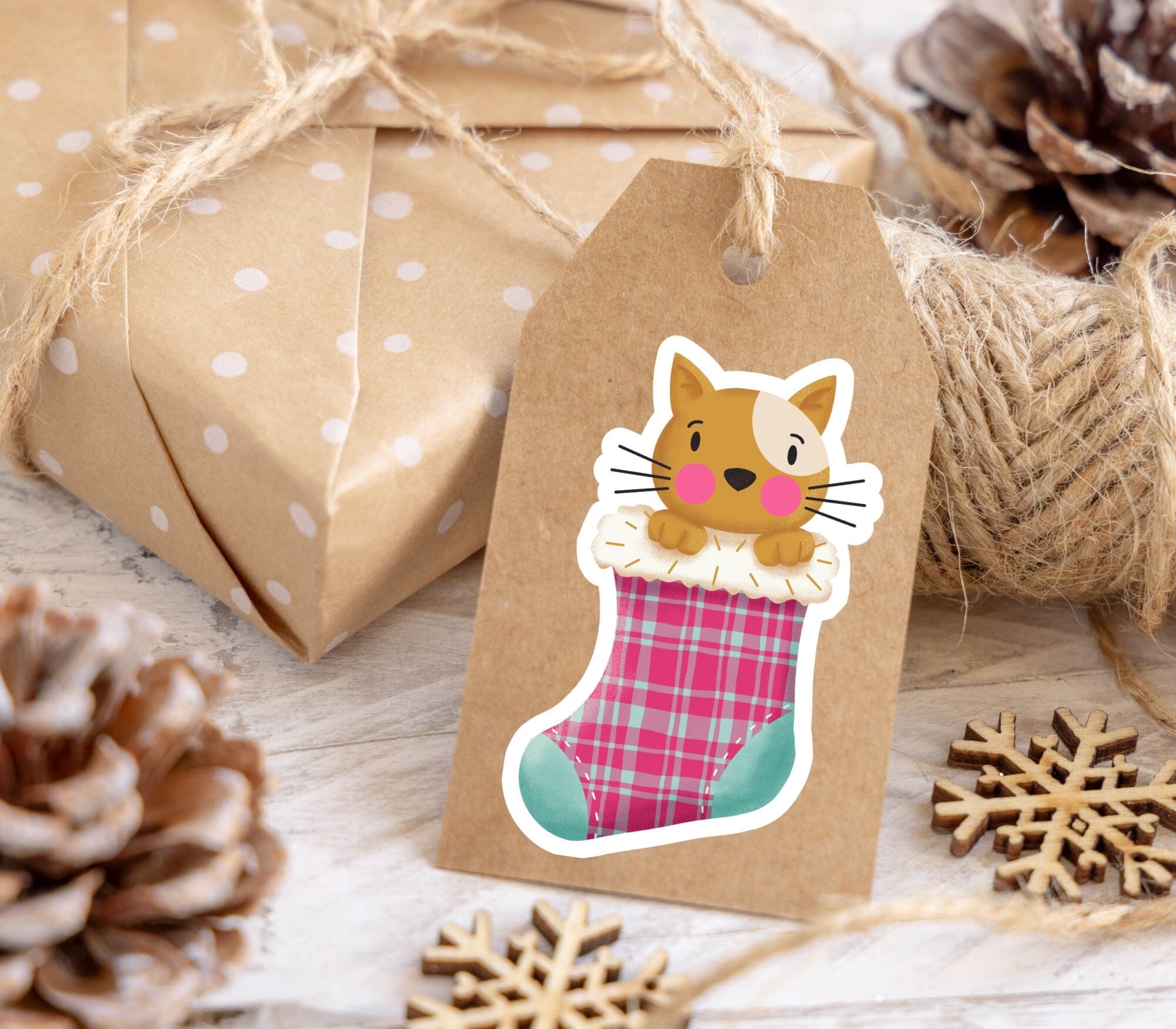 Xmas Stocking Kitty Matte Vinyl Sticker stickers Lucid Moon Studio 